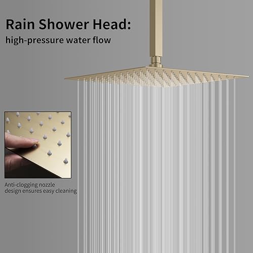 Miniatura 7 de WHSHOWER Sistema de ducha dorado cepillado de temperatura de 12 pulgadas, cabezal de ducha de alta presión con chorro de cuerpo y mano, juego de