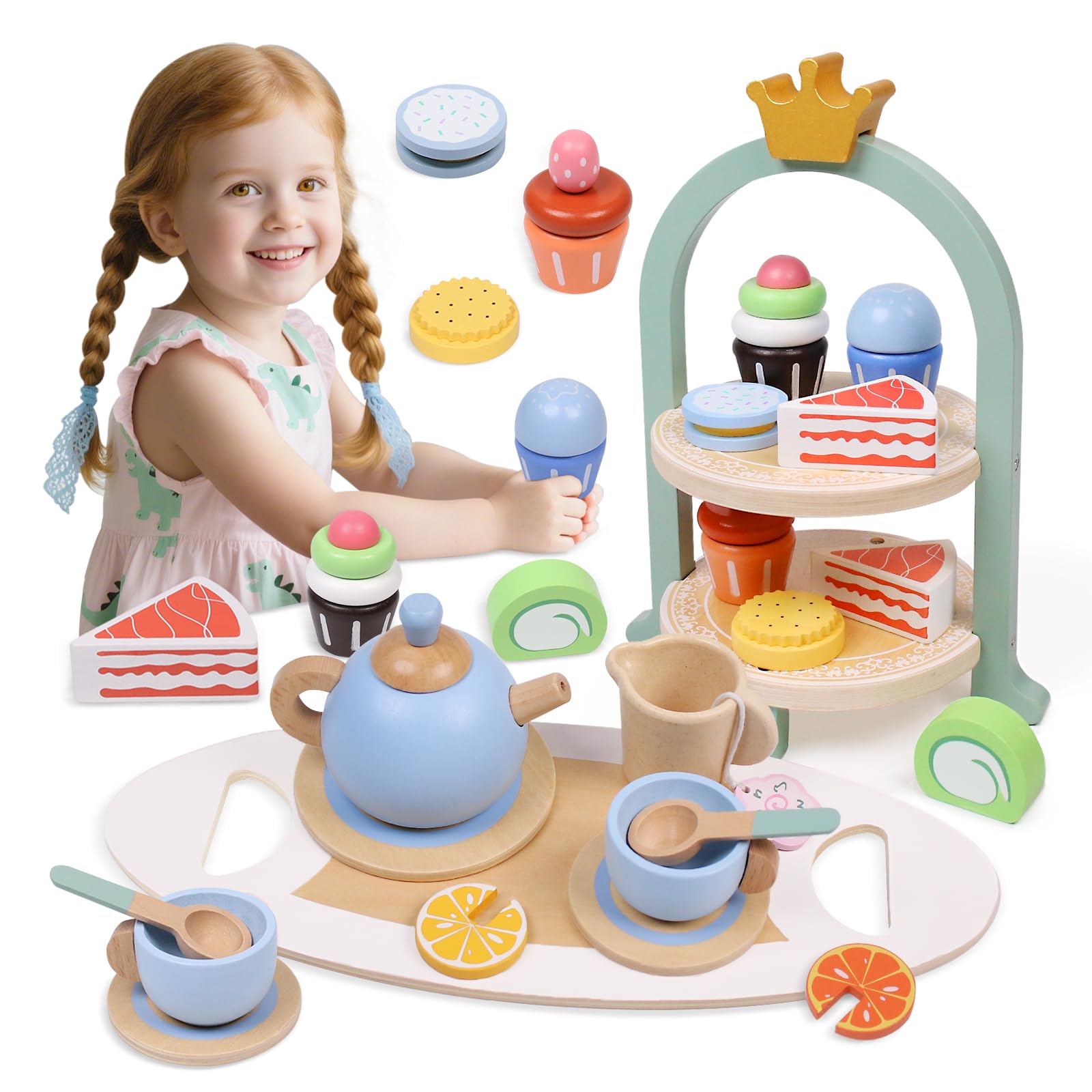 Set da tè in Legno per Bambini, Giocattolo Educativo Montessori con Torta e Accessori, Gioco di Ruolo Tea Party, Regalo per Bambina Ragazzi Ragazz 3 4 5 6 Anni