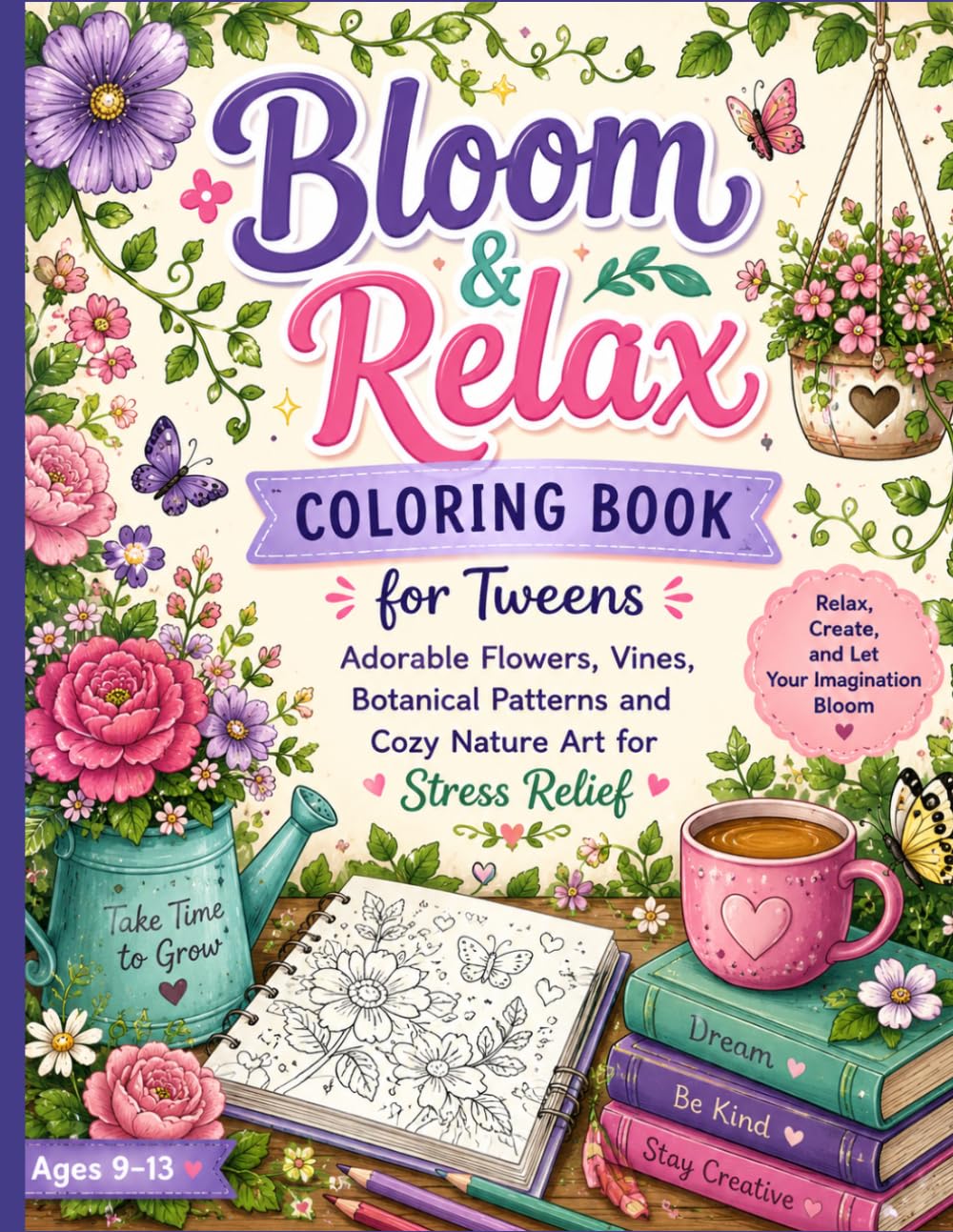 Bloom & Relax Coloring Book for Tweens: Adorable Flowers, Vines, Botanical Patterns and Cozy Nature Art for Stress Relief
