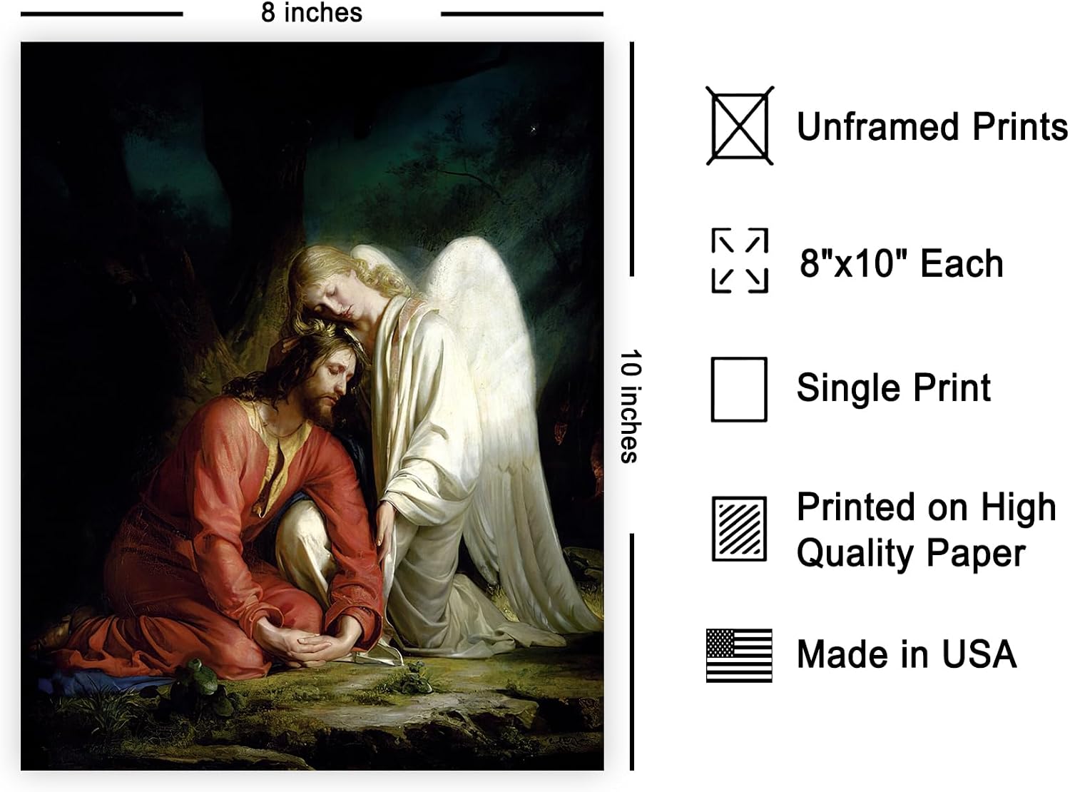 Poster Master An Angel Comforting Jesus Poster - Garden of Gethsemane Print - Jesus Christ Art - Gift for Men & Women - Religious Christian Decor for Home, Chapel or Church - 8x10 UNFRAMED Wall Art