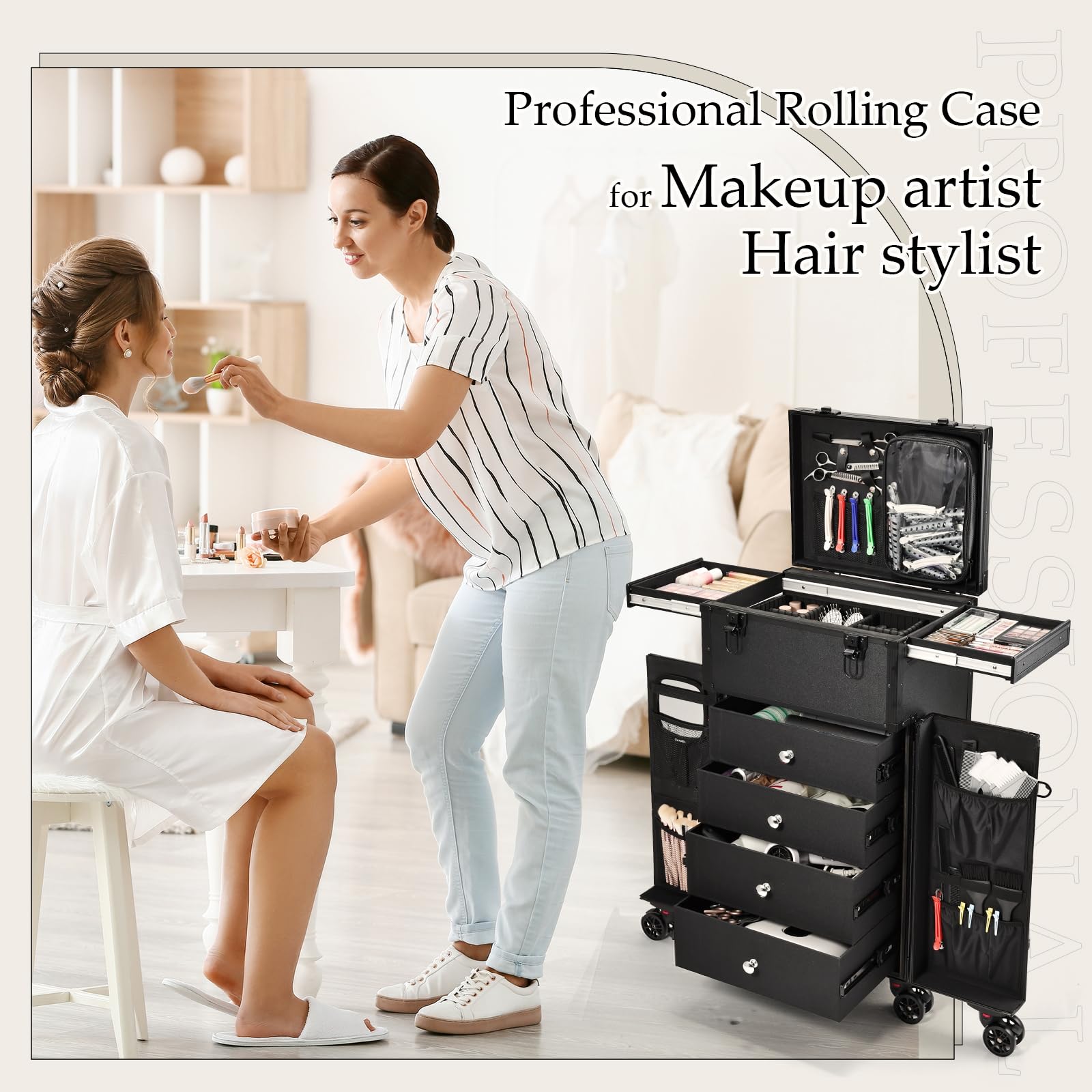 Kosmetik Trolley Kosmetikkoffer Friseurkoffer mit 4 Schubladen Make up Koffer Groß Schminkkoffer Nagelkkoffer Beauty Case Friseur Box Multikoffer,Dunkelschwarz