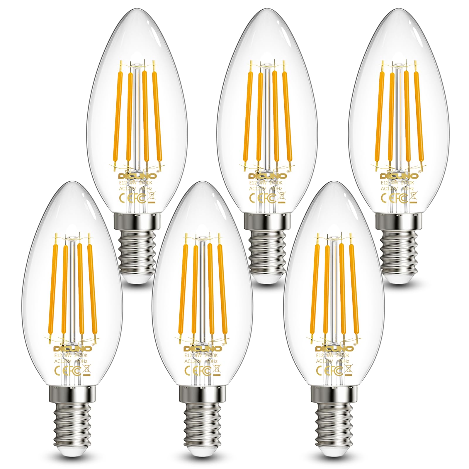 DiCUNO E12 Candelabra LED Bulb 40 Watt Equivalent, 2700K Warm White Non-Dimmable Ceiling Fan Chandelier Light Bulbs, 4W 550 Lumen, B11, Pack of 6