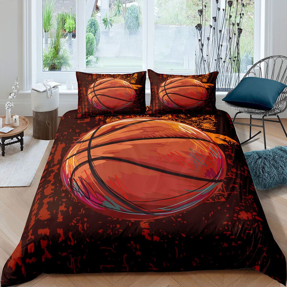 Juego de ropa de cama apasionado de baloncesto y ropa de cama deportiva para niños, niñas, adolescentes, pelota 3D, funda de edredón transpirable, ropa de cama negra y lino Super King