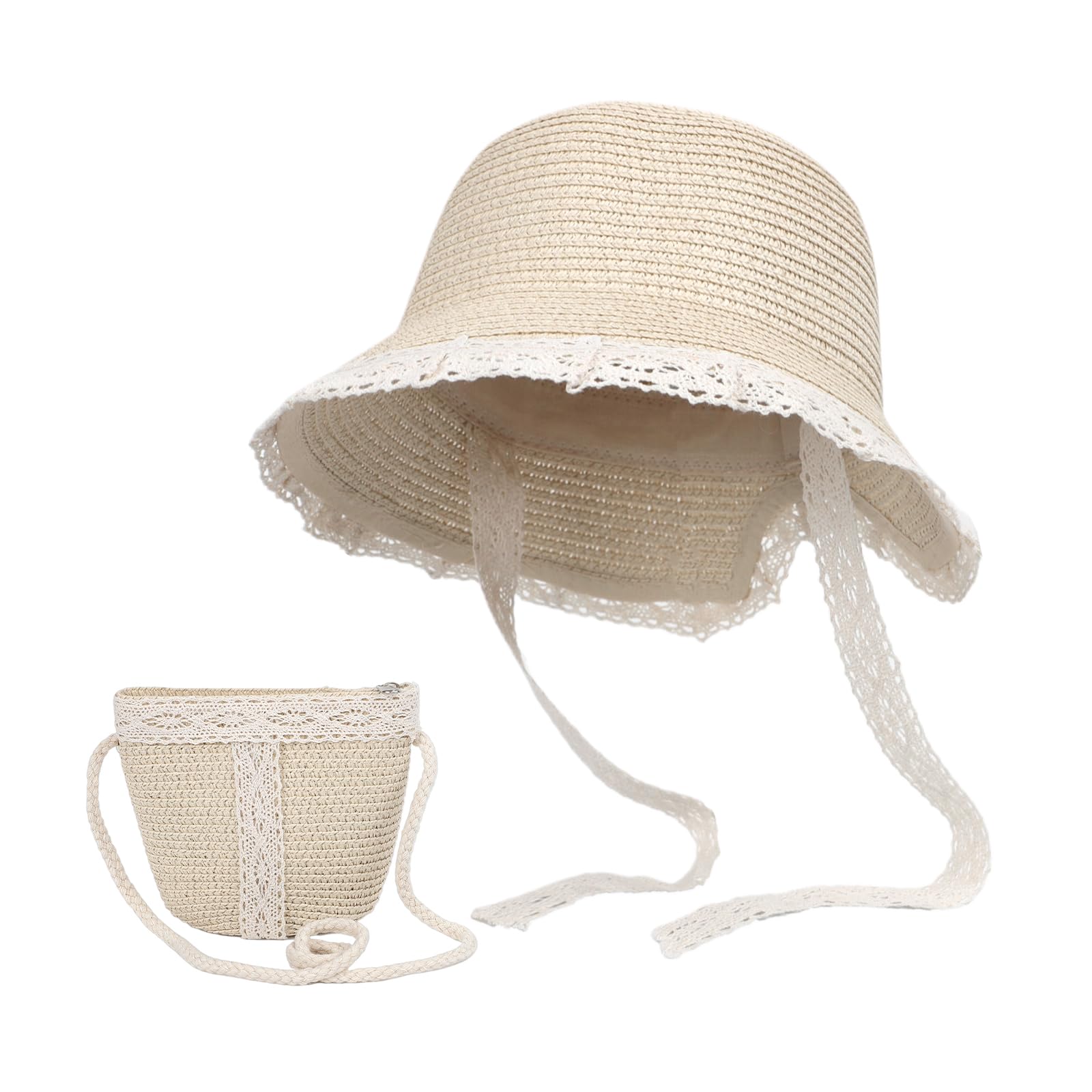 RUIXIA Ensemble Chapeau de Paille et Sac de Paille pour Fille Chapeau de Soleil avec Dentelle pour Fille Chapeaux de Soleil d'été Enfant pour Plage Voyage Randonée 2-5 Ans