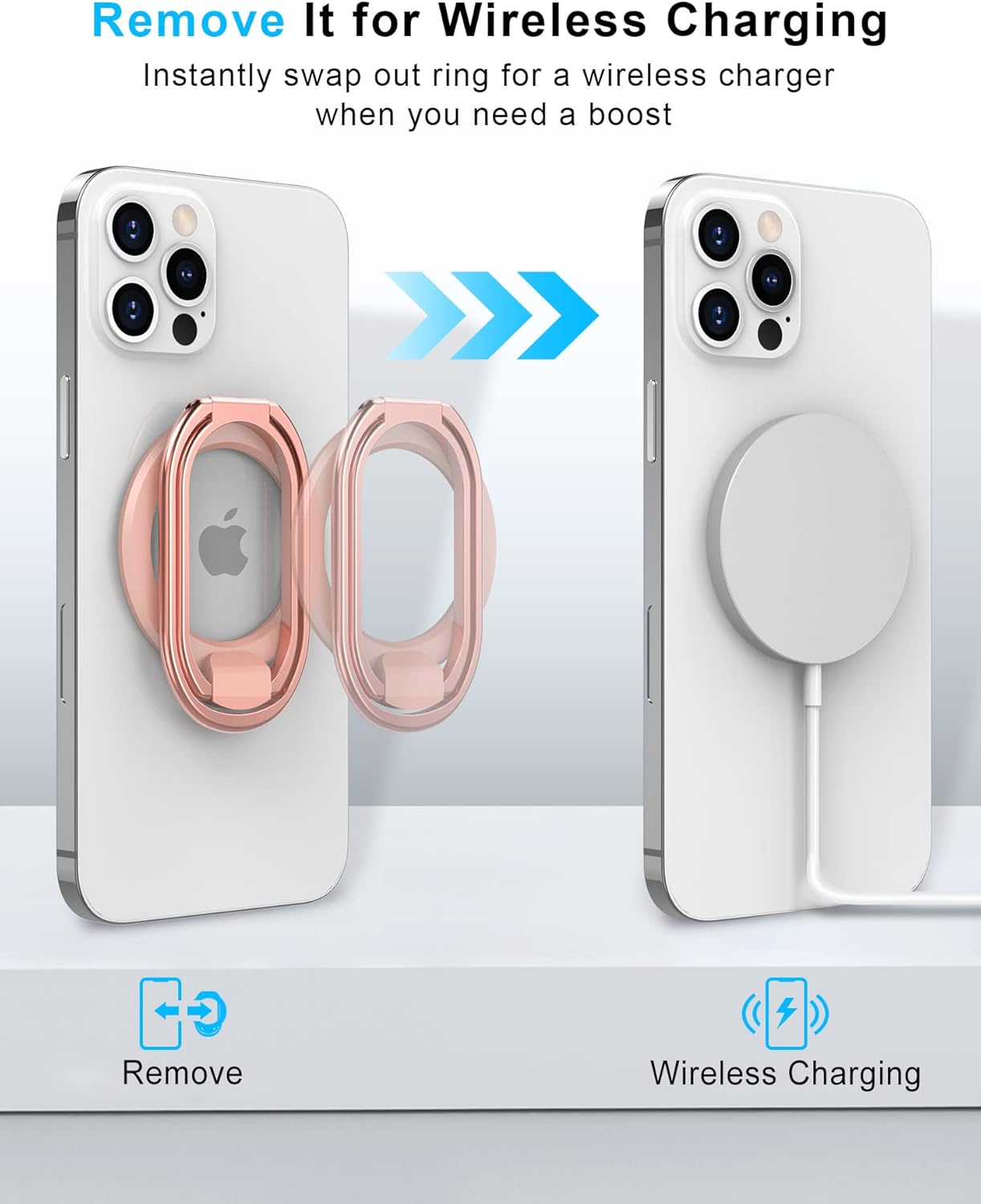 【2025 Upgraded】 Mag Safe Phone Ring Holder, SUPERONE Adjustable Magnetic Kickstand & Removable Phone Grip Compatible with Wireless Charging Only for iPhone 17 & 16 & 15 & 14 & 13 Series - Rose Gold