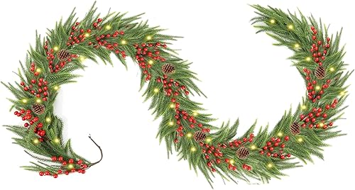 Guirnalda de pino Norfolk de Navidad con bayas rojas y piña, funciona con pilas, guirnalda de invierno de imitación de tacto real con luces para