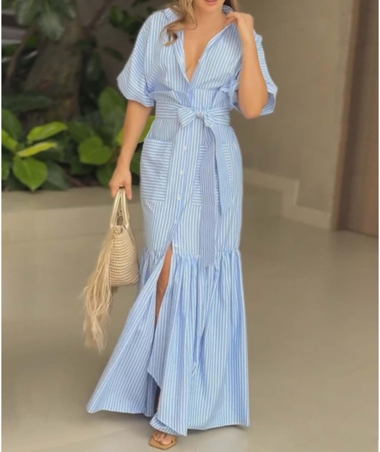 Sexyshine Women's Striped Maxi Dress Lapel V Neck Button Down Tie Waist Short Sleeve Ruffled Swing Shirt Dress with Pockets - Image 3