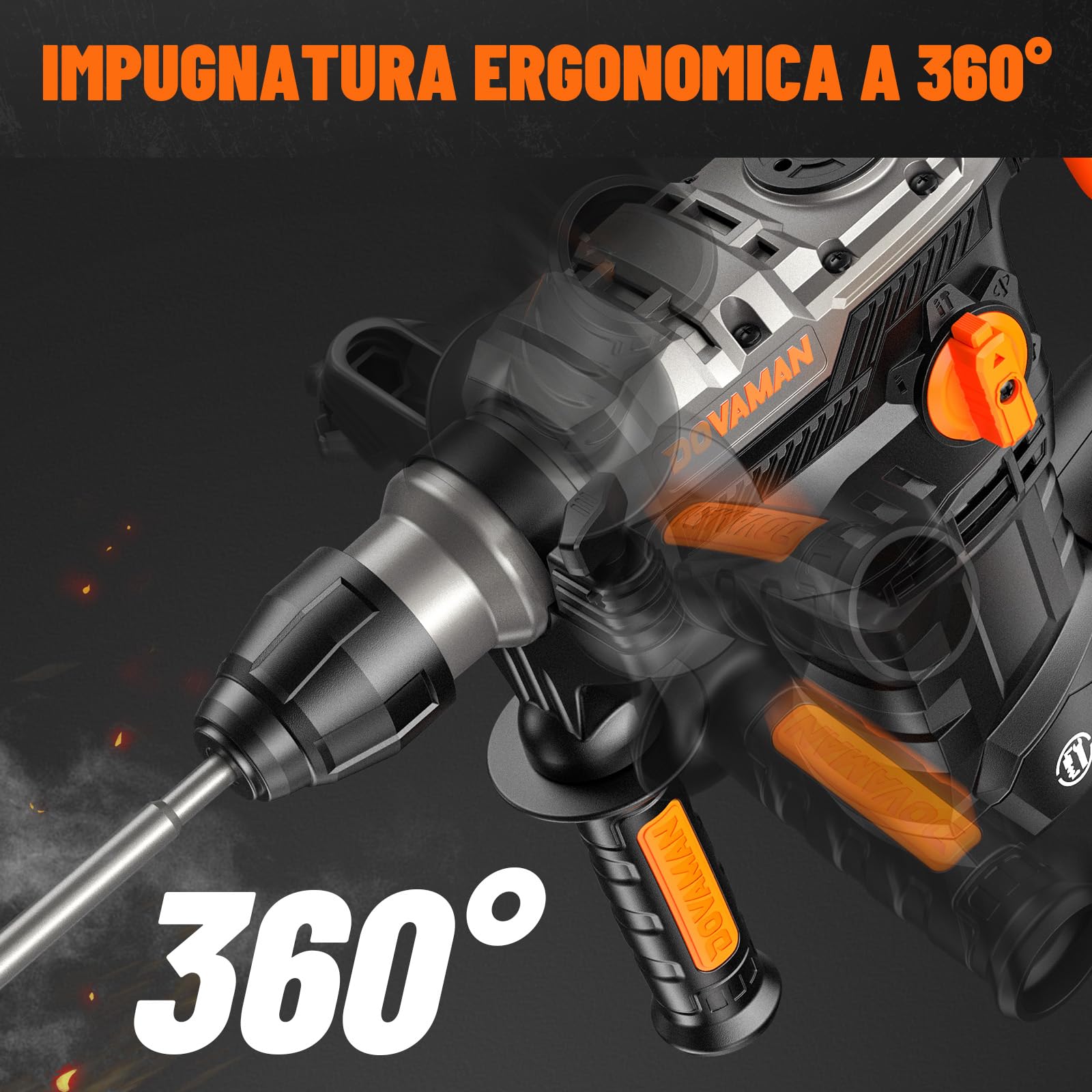 DOVAMAN RH15A Martello Perforatore SDS-Plus, 1500W Martello Demolitore con 4 Funzioni, 4350 bpm, 7J, 900 giri/min, Anti Vibrazioni, Frizione di Sicurezza, con Set Punte e Scalpelli, per Cemento e Muro