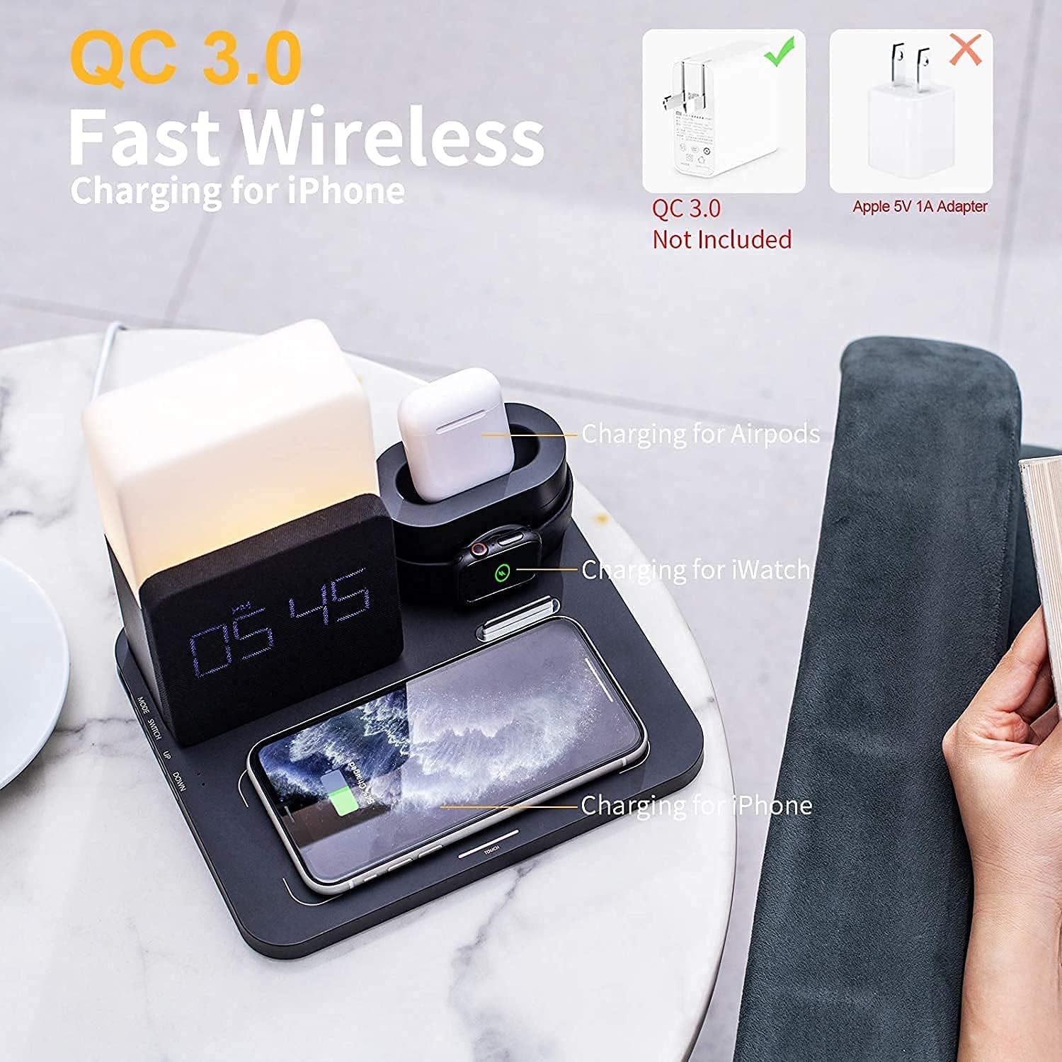Wireless Charger, 3 in 1 Fast Wireless Charging Station with Digital Alarm Clock and Night Light,Compatible for iPhone 13,13 Pro,12,11,11 Pro,11 Pro Max, AirPods, Galaxy S20 S10, Note 10 9