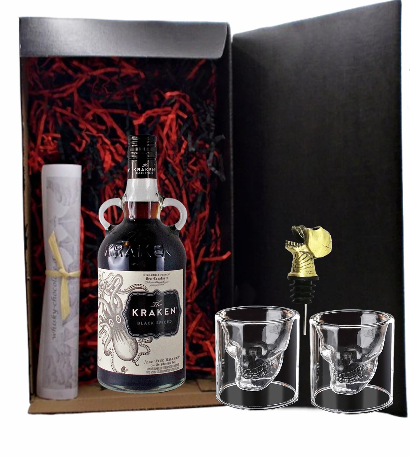 Kraken Black Spiced Rum + Ausgießer Totenkopf + 2 Totenkopfgläser im Geschenk Karton Geschenkset Männergeschenke