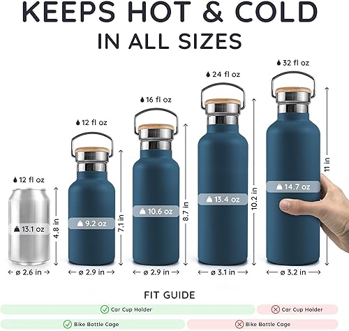 Miniatura 5 de Bambaw Botella de agua con aislamiento de 32 onzas, botella de agua azul de acero inoxidable, botella de agua reutilizable, botella de agua libre de