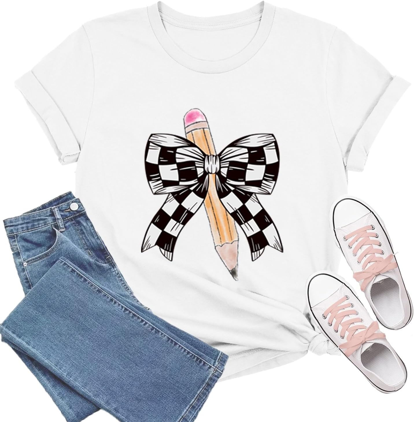 Teacher Shirts for Women Bow Pencil Teacher T-Shirt Apple Teaching Tee Tops