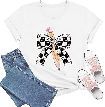 Teacher Shirts for Women Bow Pencil Teacher T-Shirt Apple Teaching Tee Tops