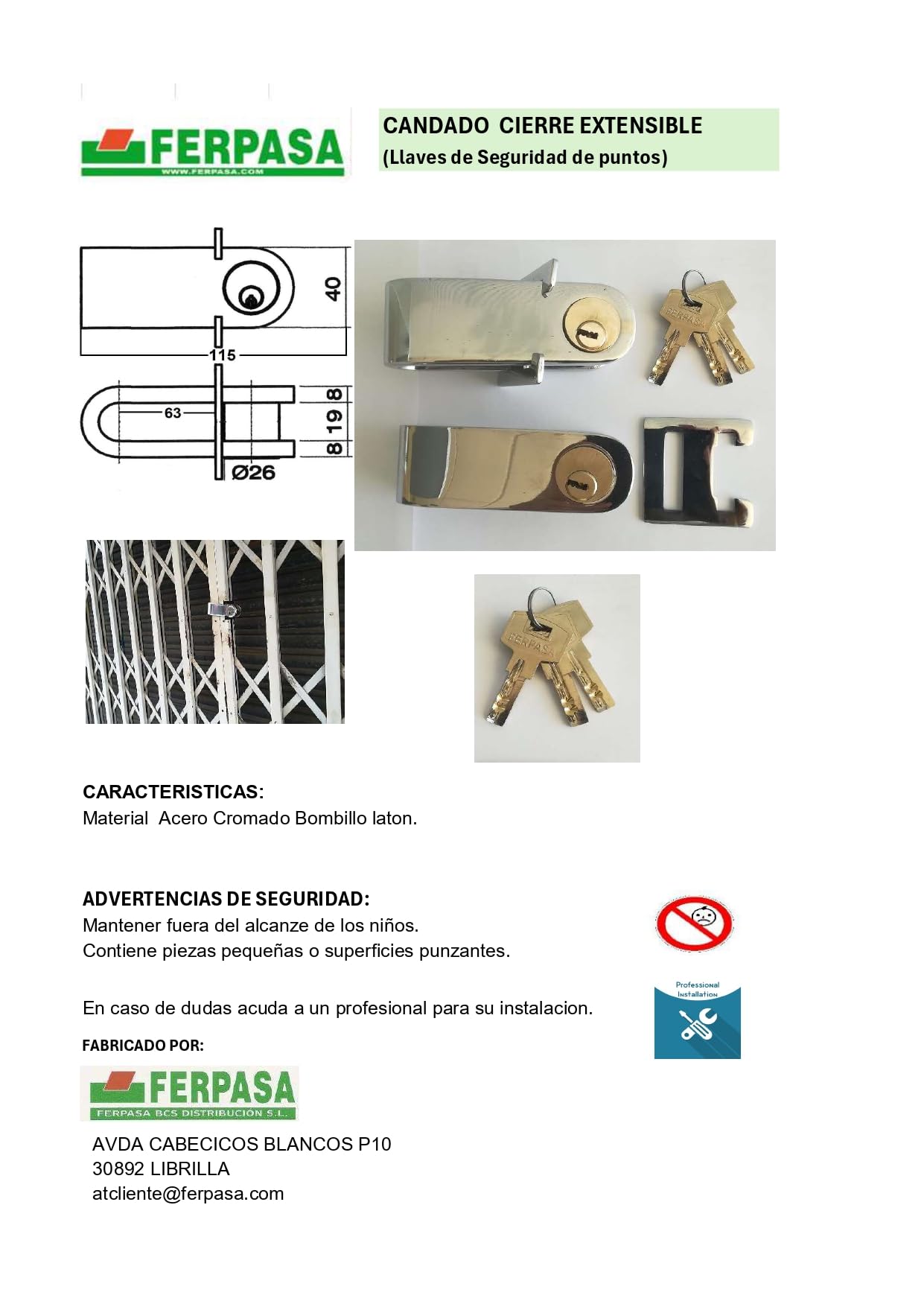 FERPASA® - Lucchetto di sicurezza estensibile con chiave di sicurezza, set da 2 pezzi, in acciaio zincato, chiusura rinforzata per cancelli, cancelli e porte, protezione antifurto per esterni