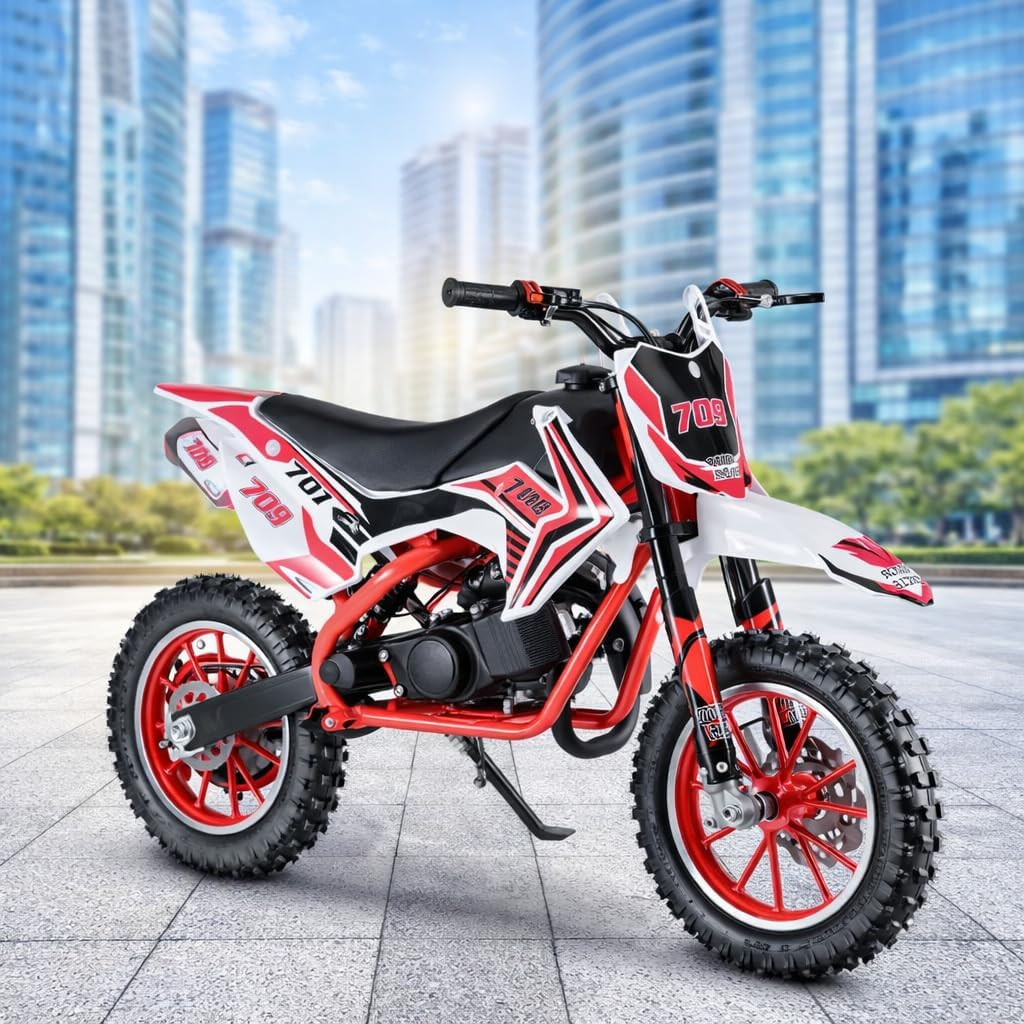 Kids Dirt Bike, 2-Strok Upgraded Gas Dirt Bike, Gas Power Motocross Bike, Off Road MIni Motorcycle, Mini Dirt Bike for Kids, Gas Powered Dirt Bike with Front Rear Disc Brakes Red