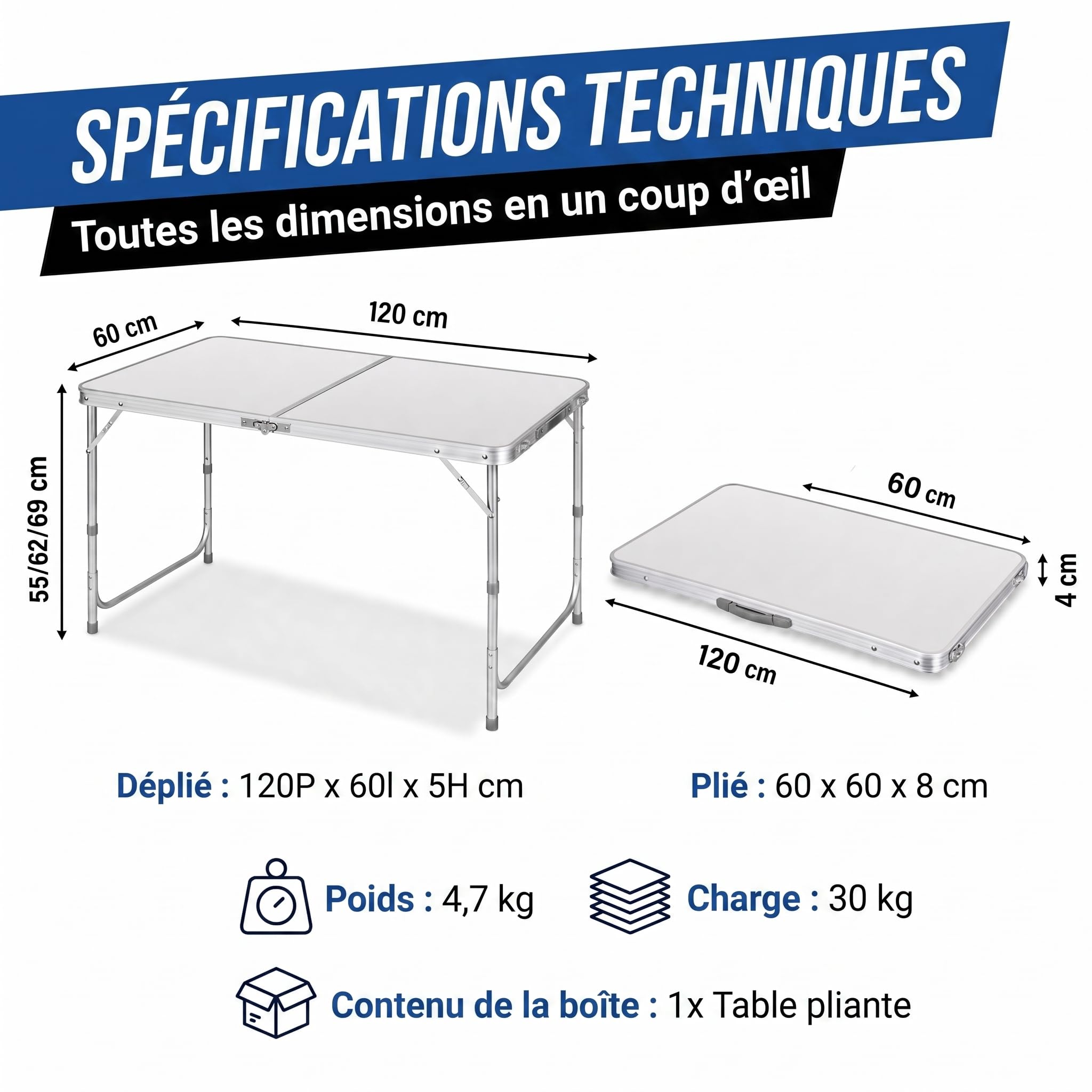 Table Pliante multifonctionnelle Table de Camping Table Pliante Table de marché Table à tapisser réglable en Hauteur Table d'appoint pour Camping dans Le Jardin pour Festivals, marchés et Plus (Blanc