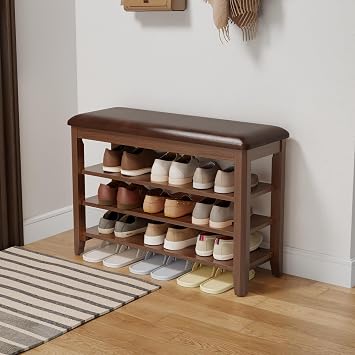 AQIMUELE Shoe Bench, Shoe Bench Storage with Seat, Wooden Shoe Rack 3-Tier, for Hallway, Entryway, Living Room, Bedroom, 80cm Walnut