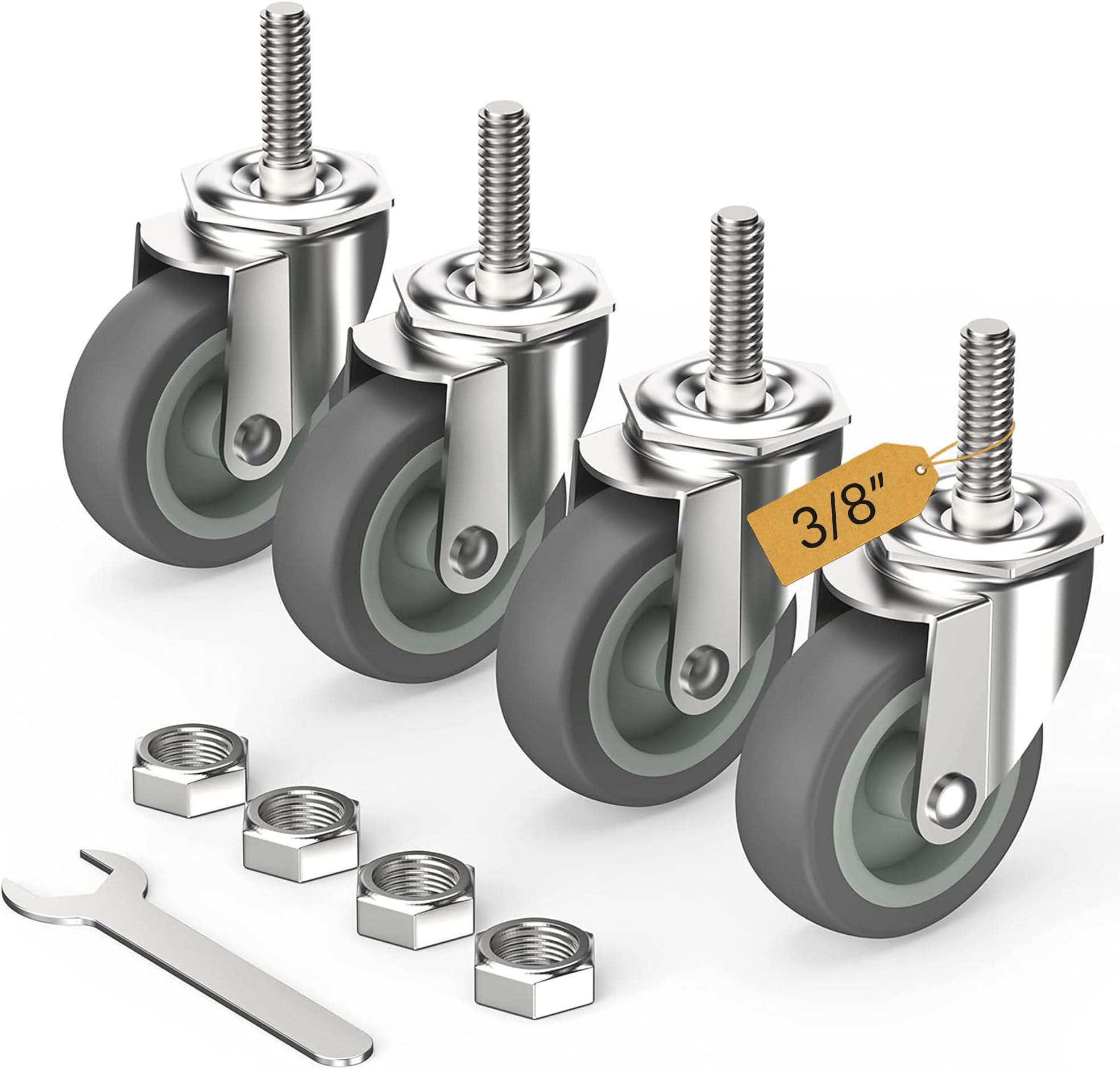 HOLKIE Caster Wheels 3 inch with No Brake Stem Casters, 3/8" -16 x 1-1/2" (Stem Diameter 3/8", Stem Length 1-1/2") Threaded Swivel Casters Set of 4 Heavy Duty Castors Grey