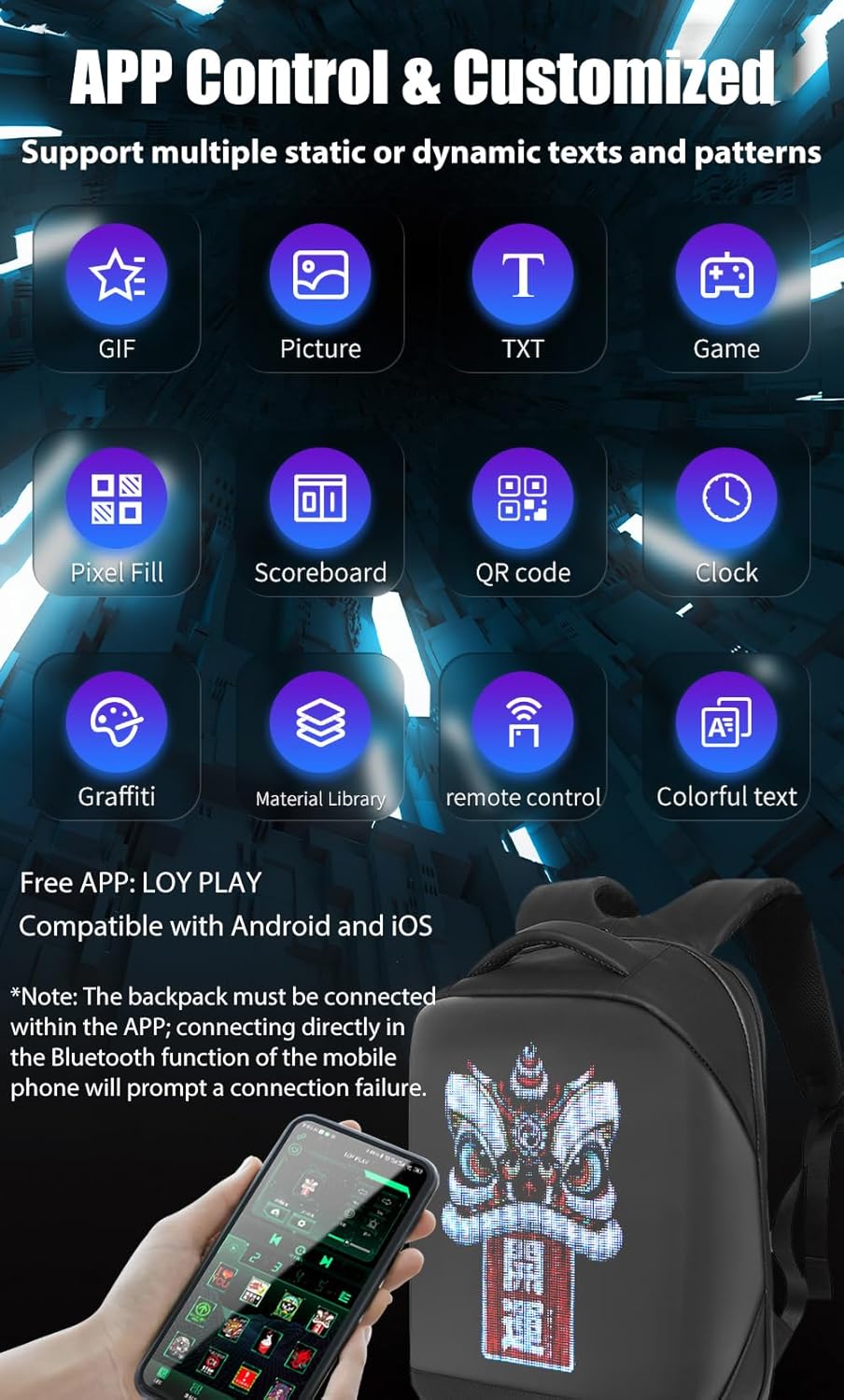 LED Backpack Waterproof with UHD 96 * 128 Pixel LED Display Screen, App Control Customized LED Bag for Motorcycle, 16-inch Laptop, Travel, Advertisement, Graffiti, School, Party (Black)