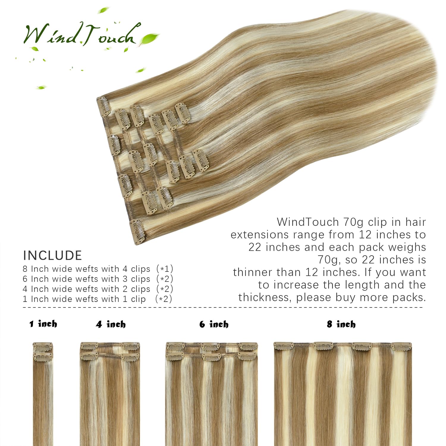 WindTouch Clip in Hair Extensions Real Human Hair #18P613 Mixed Bleach Blonde 70g 12 and 18 inch