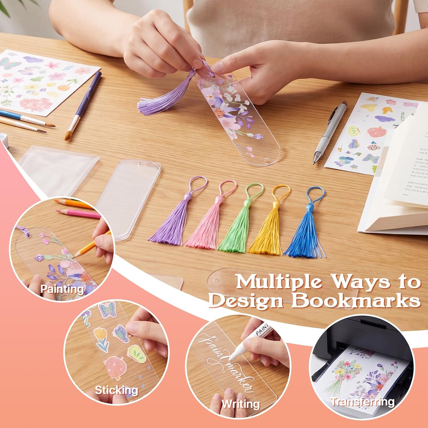 60 Pcs Acrylic Bookmarks Blanks, 6" x 2" Acrylic Craft Bookmarks with Colorful Bookmark Tassels, Clear Semicircle Bookmark Blank Bulk with 60 Bags for DIY Crafts Gift Tags Price Tags