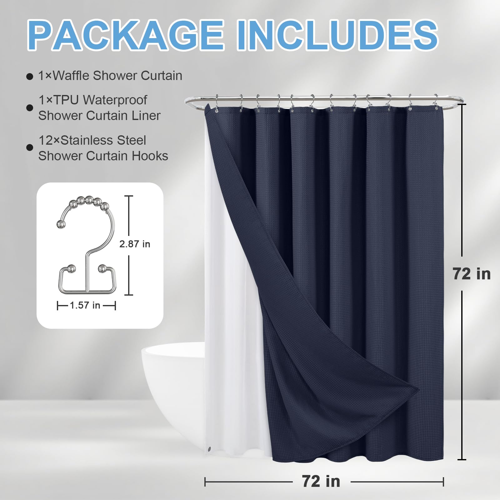 Ensemble de rideau de douche 3 en 1 à texture gaufrée avec doublure imperméable revêtue de TPU et 12 crochets double face améliorés, tailles bien assorties pour un ajustement parfait – Bleu