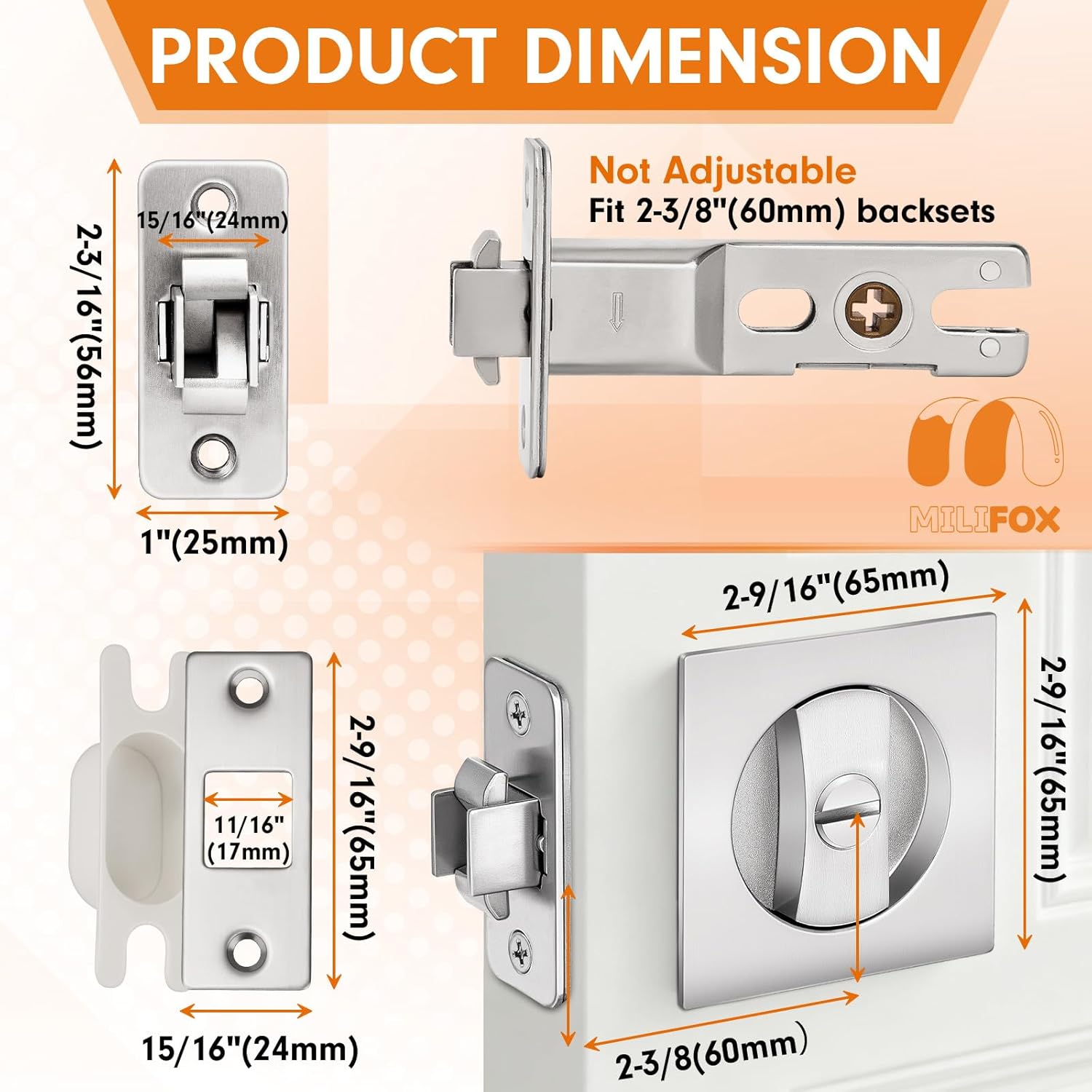 Pocket Door Lock, Pocket Door Hardware, Silver Privacy Lock with Edge Pulls for Bath, Bed, Kitchen, Fits 1-7/32” to 2” Thickness Door, 2-3/8" Backset