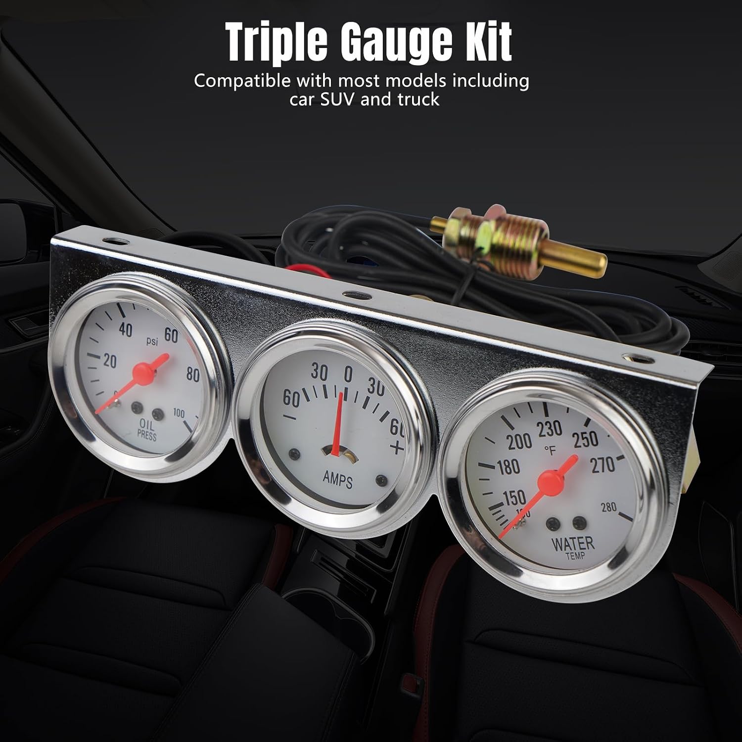 Triple Gauge Kit Water/AMP/Oil 2'' 52mm DC 12V Mechanical Triple Gauge Set Car Meter Auto Gauge Water Temp Oil Pressure Meter Volt 3 in1 Car Meter Auto Gauge Kit