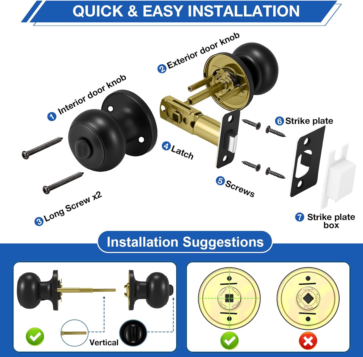 8 Pack Matte Black Door Knobs, Privacy Door Knob with Lock, Interior Doorknobs with Round Ball, Keyless Door Lockset for Bedrooms Bathrooms