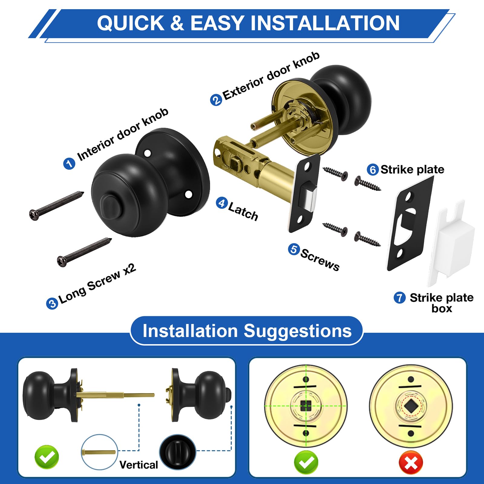 Matte Black Door Knobs - 8 Pack with Lock -7