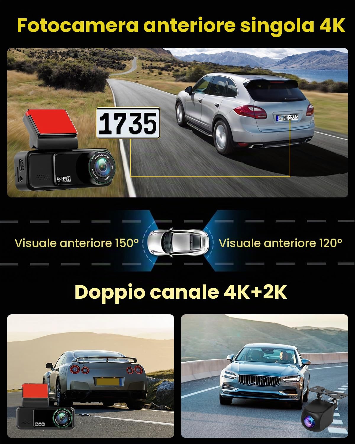 Hikity Doppia Dashcam Auto 4K+2K UHD con Scheda SD 64GB | Touchscreen da 3.16", Angolo Ampio di 150°, G-Sensor, Visione Notturna, ADAS, Monitor di Parcheggio e Registrazione in Loop