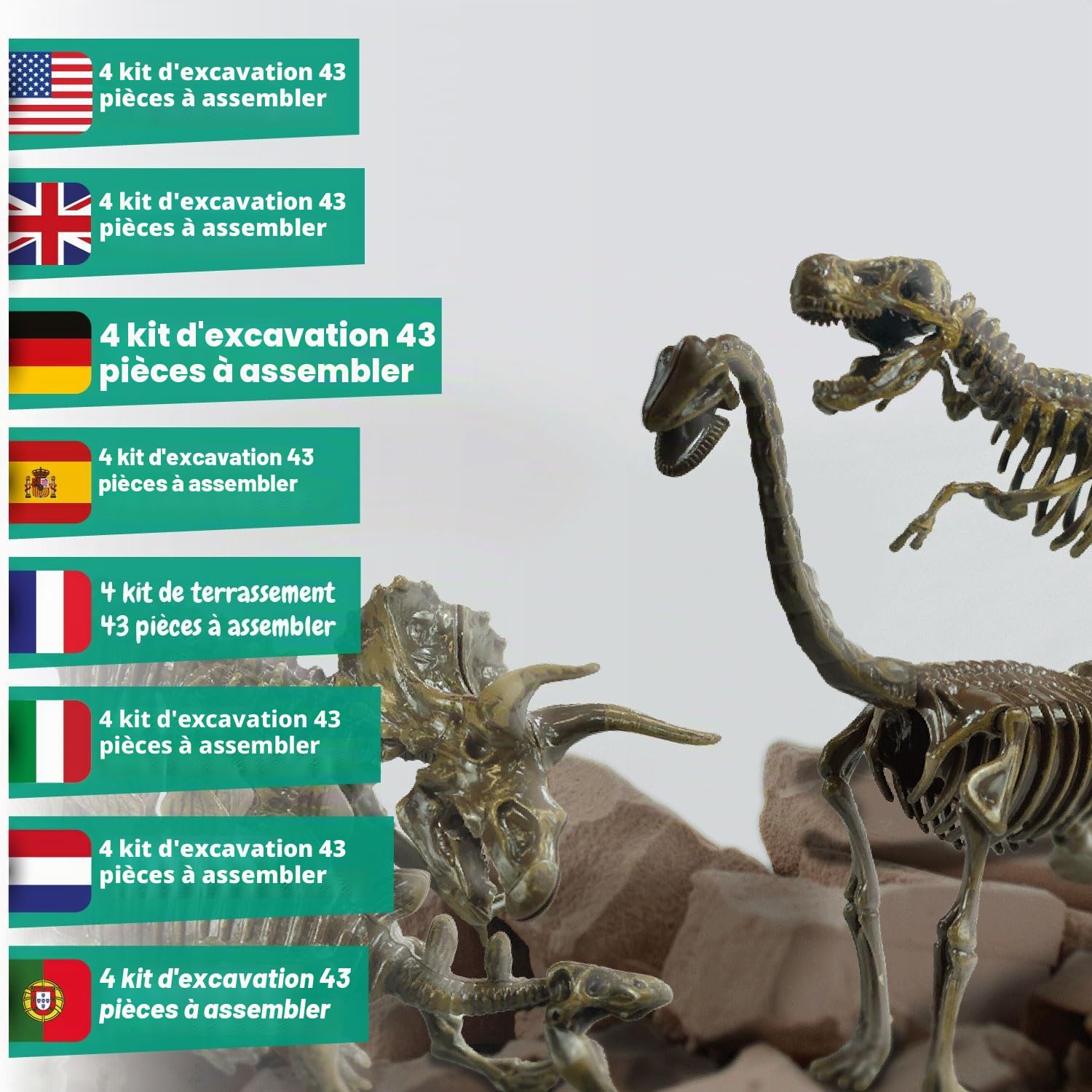 Science4you Kit de Fouille de Fossiles 4 en 1 pour Enfants 5-10 Ans - Excaver et Assembler 4 Dinosaures T-Rex Triceratops Velociraptor Stegosaurus
