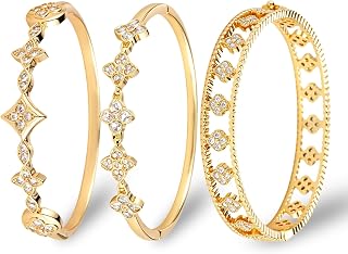 3 Pack Classic Gold Bangle Bracelet Set for Women Stackable Jewelry | 18K Gold Plated AAA Cubic Zirconia Unique Design Fits Most Wrists Simple Styling Long Lasting Luster Waterproof Non Tarnish