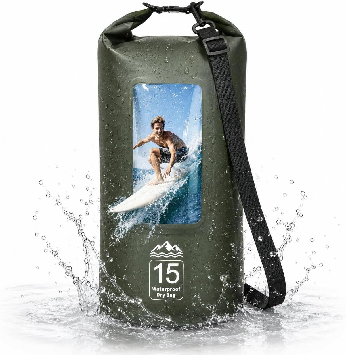 15L IPX8 Waterproof Dry Bag Backpack with Touchscreen Phone Pouch, Green)