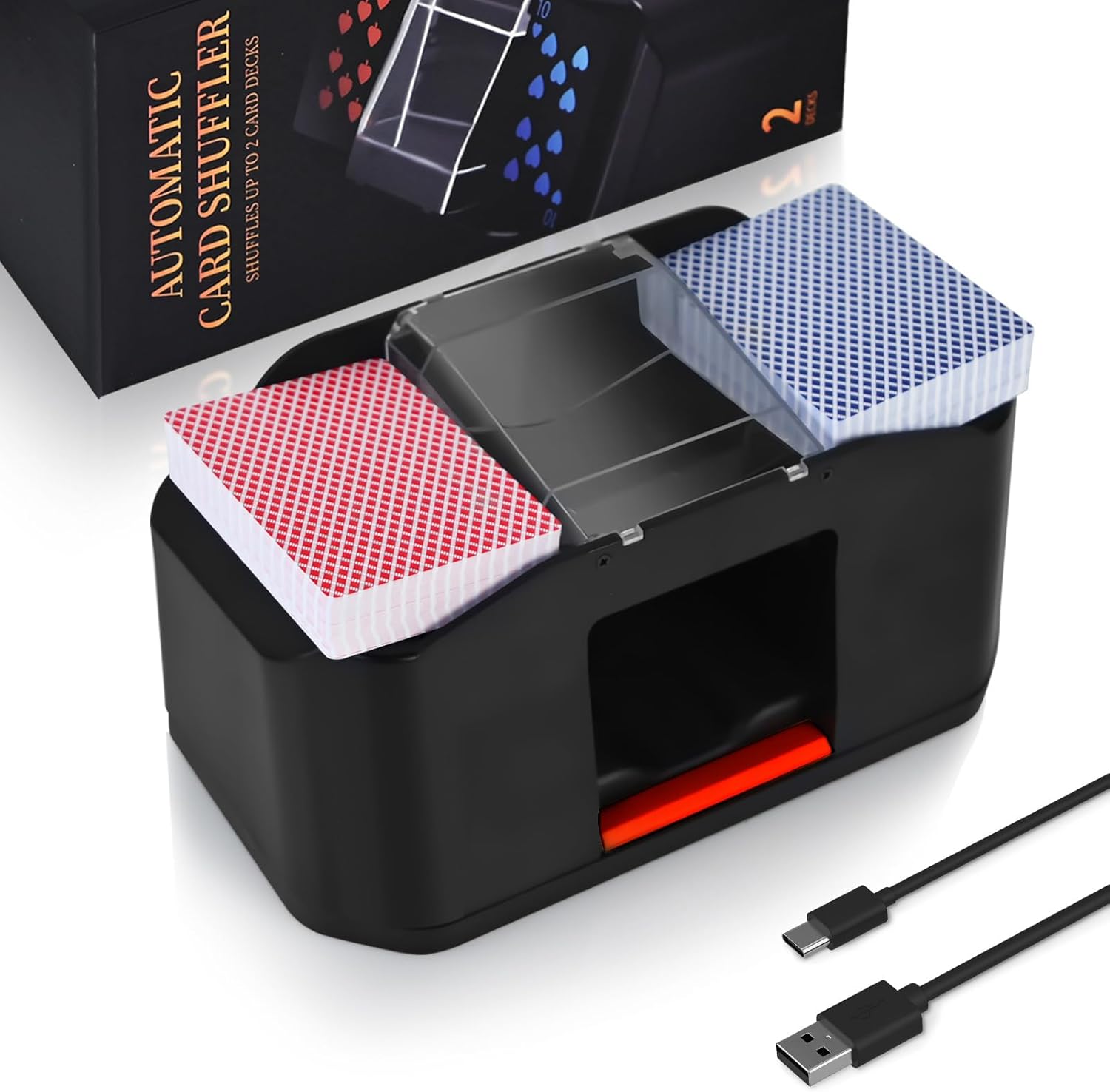 Rechargeable Card Shuffler 1/2 Decks, 2000mAh Battery-Operated Electric UNO Card Shuffler with Low Noise Motor, Casino Card Game for Skip Bo Card Game, Poker, Phase10 (Orange)