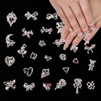 28PCS 3D Nail Charms & Gems Set, Sweet Cool Y2K Accessories with Bow, Heart, Bear, and Magic Wand Designs, Complete Nail Decor for Creative Art and DIY Nail Charms and Gems