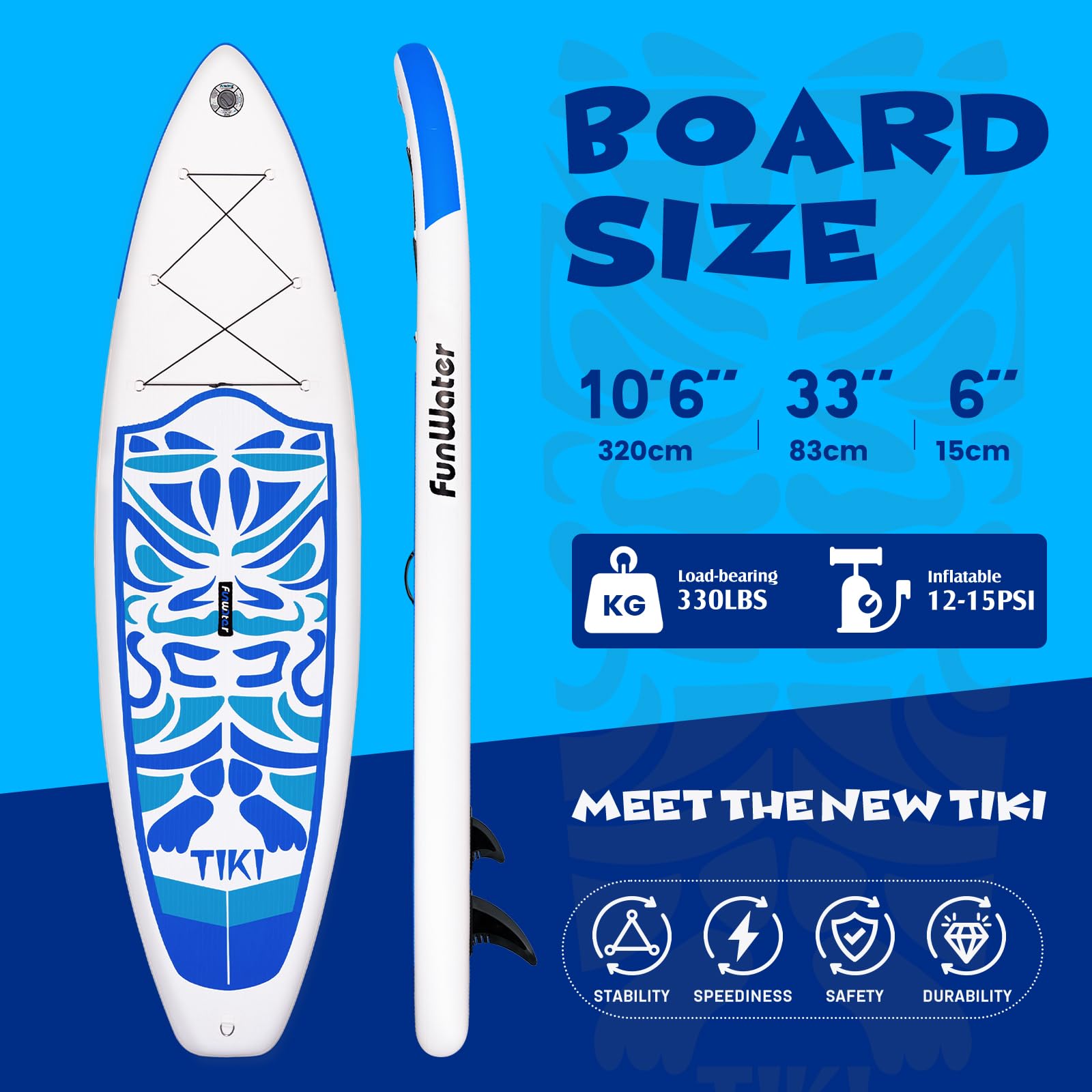 FunWater Stand Up Paddling Board nadmuchiwana deska SUP 320cm z wiosłem, plecakiem, pompką, footrope (Niebieski)