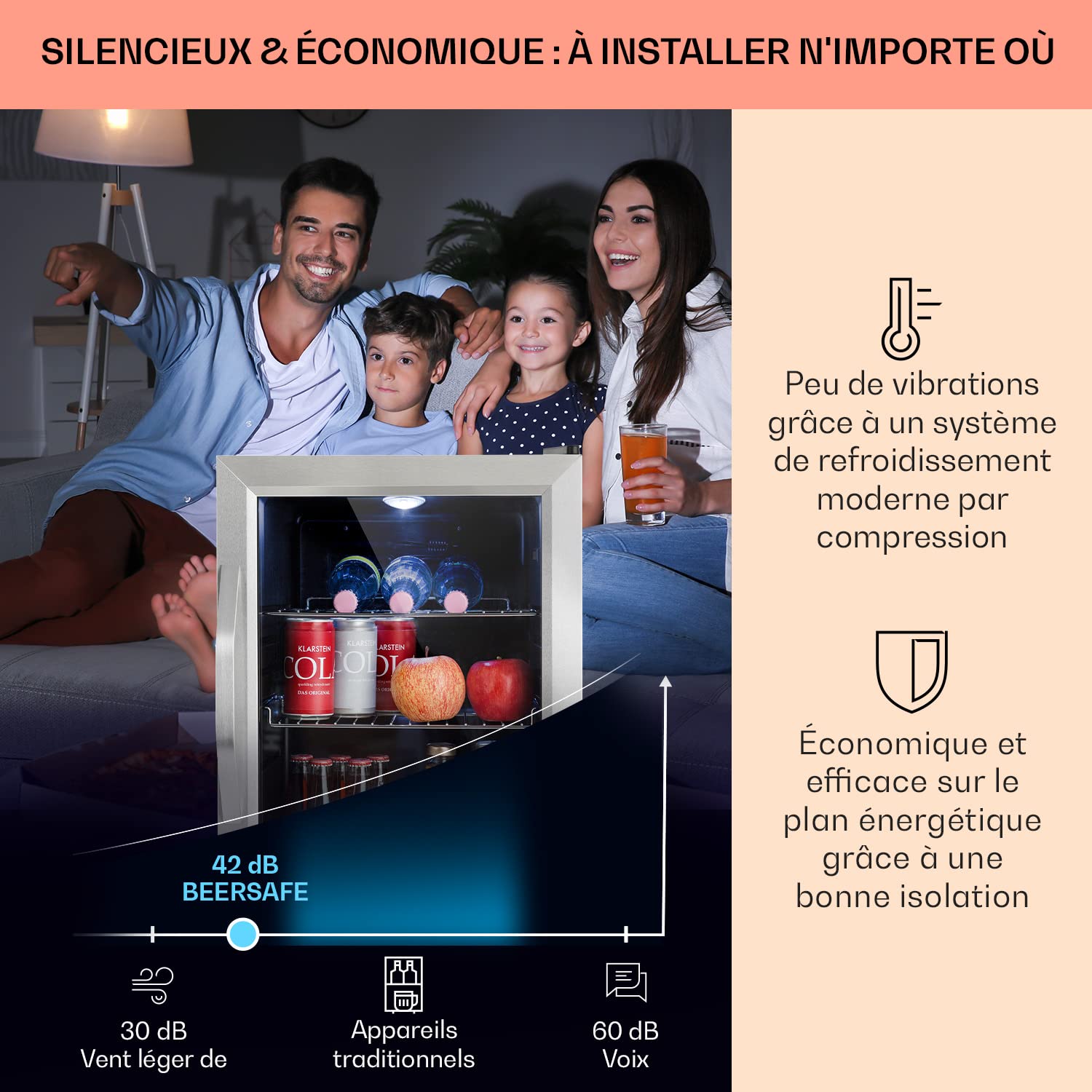 Klarstein Beersafe M Mini Frigo de Chambre pour Boissons, 33L, 0-10°C, Etagères Amovibles