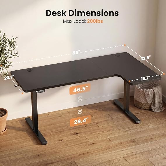 L-Shaped Standing Desk - 55 Inch Adjustable Corner Desk, Electric Sit-Stand Computer Table with Memory Controller for Home Office