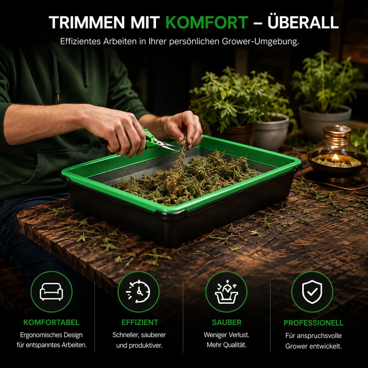 Trimming Tray Set Professional Trimmschale mit XXL Edelstahlsieb 150 Mikron,Ergonomisches Extra Tiefe Pollen-Schale & Rutschfester Boden, Komplettset mit 2 Scheren Bürste und Lupe, 51,5 x 35,5cm