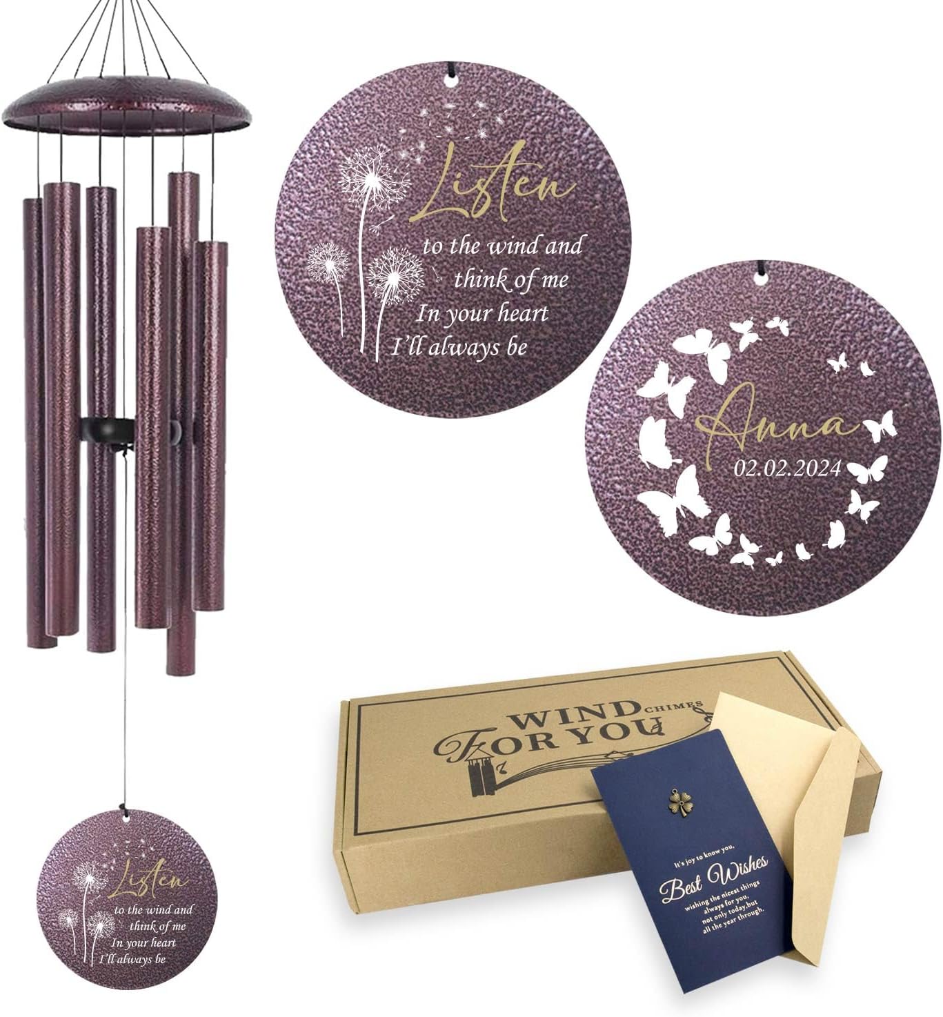 ASTARIN Memory 32 inch Wind Chimes for Loved Ones Lost, Custom Butterfly Dandelion Wind Chime, Memorial Windchime Funeral Gifts for Loss of Mother, Death, Produced in USA