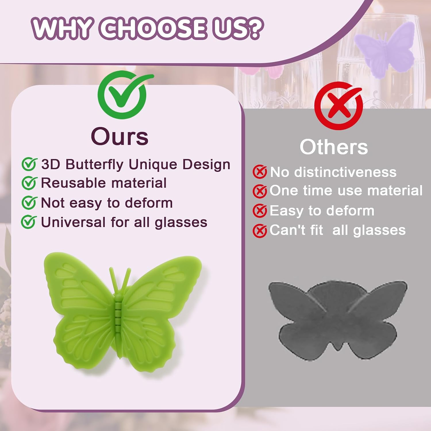 VINGVO 12Pcs Silicone Wine Glass Charms, Butterfly​ Drink Markers, Reusable Glass Identifier Charms for Parties, Weddings, Events