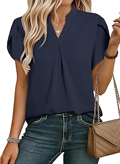 Women's Dressy Casual Business Work Chiffon Blouses Tops Summer V Neck Cute Loose Petal Short Sleeve T-Shirts