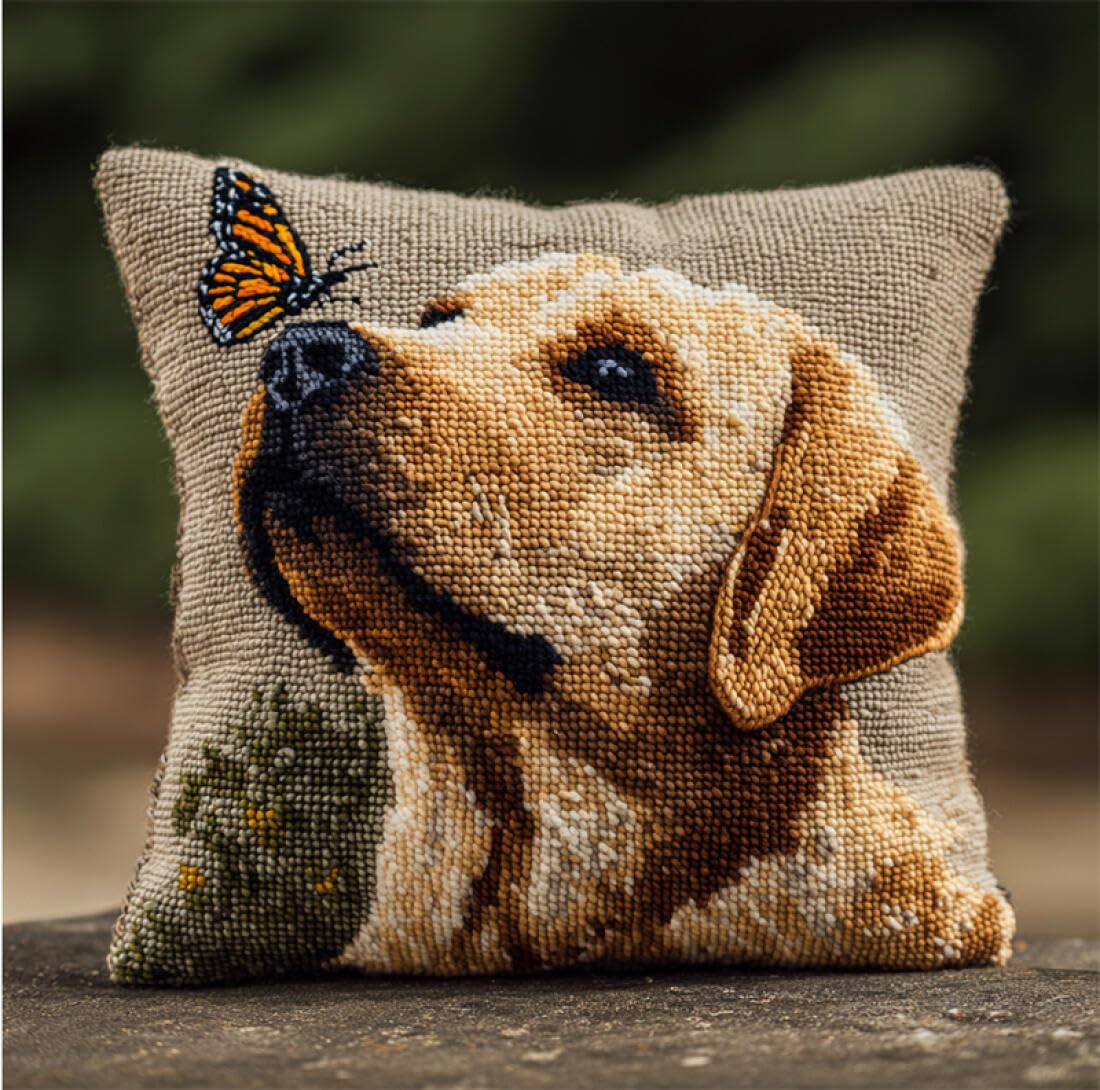 Kitquiver Animal Latch Hook Cushion Craft Kits Labrador Retrievers and Butterflies DIY Latch Hook Rug Kit for Beginners Embroidery Cushion Canvasfor Adult Beginners 17x17In