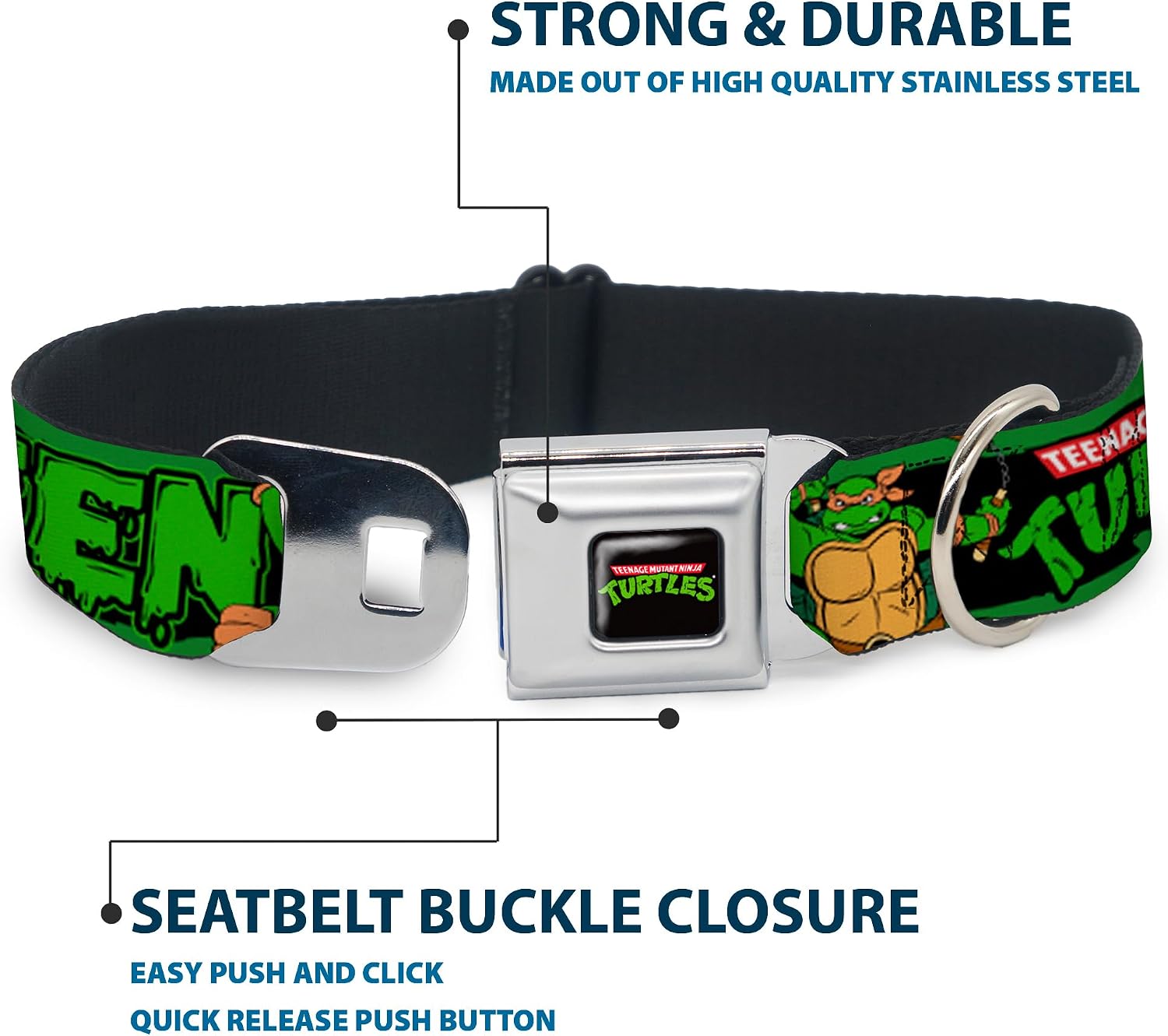 Buckle-Down Seatbelt Buckle Dog Collar - Classic TMNT Logo/Group Pose5/LEAN MEAN & GREEN - 1" Wide - Fits 15-26" Neck - Large