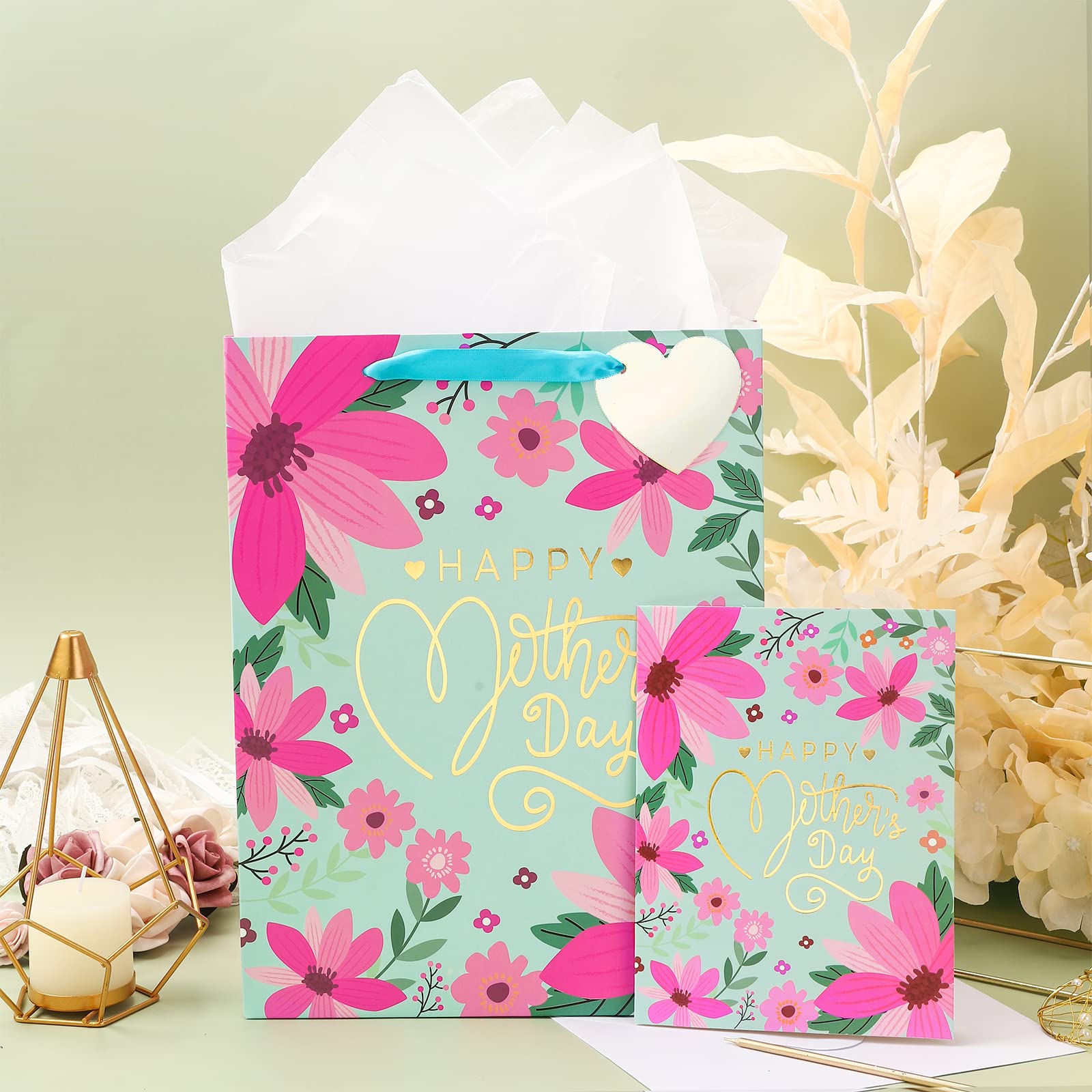 WRAPAHOLIC 13" Large Mother's Day Gift Bag with Card and Tissue Paper - Floral & Gold Foil Happy Mother's Day Lettering
