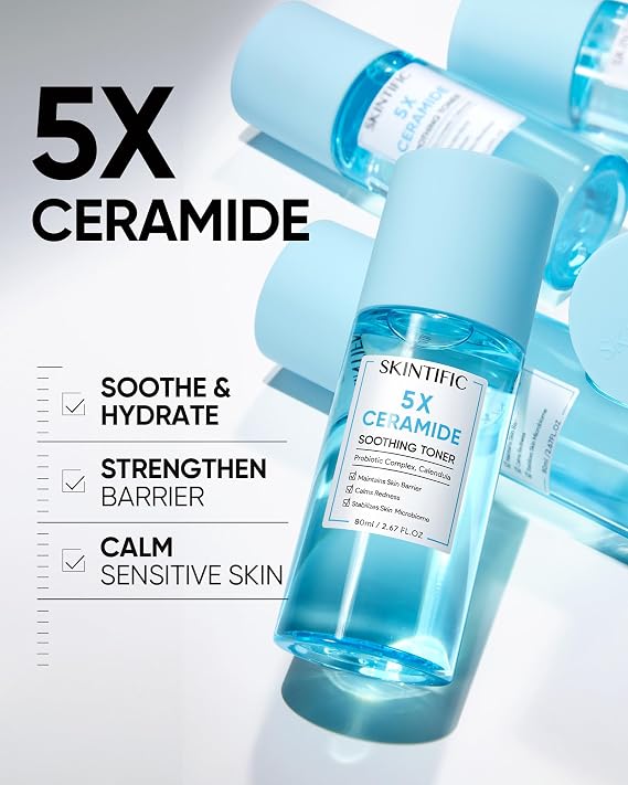 تونر SKINTIFIC 5X Ceramide المهدئ، إصلاح حاجز البشرة المرطب، تونر الوجه المهدئ مع البروبيوتيك والآذريون للبشرة الحساسة والجافة، خالٍ من الكحول، خالٍ من القسوة، للعناية بالبشرة النباتية
