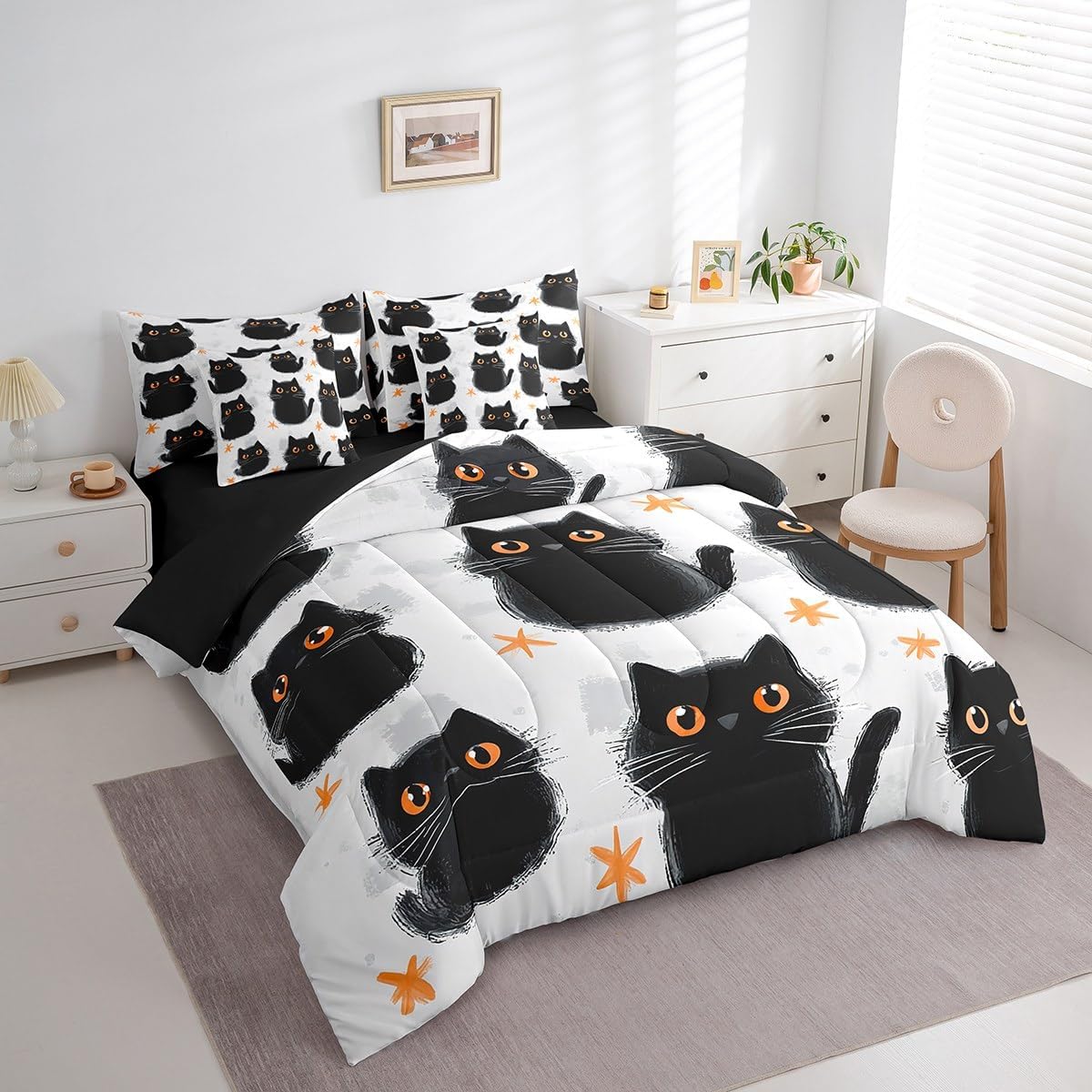 Feelyou Kids Cat Bed in a Bag Cute Black Cats Comforter Set Twin Size 7 Pieces for Girls Women Lovely Pet Kitten Bedding Set Stars Cats Bed Set with Comforter, Sheets, Pillowcases & Cushion Cover