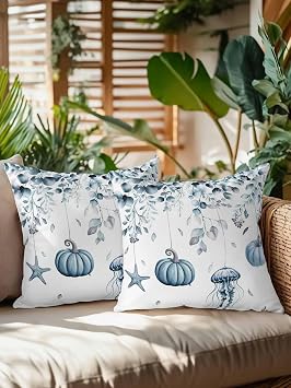 Outdoor Waterproof Throw Pillows Thanksgiving Blue Pumpkin Starfish Leaves Patio Pillows Pack of 2,Decorative Pillow Covers with Insert,Pillow Cushion Case for Garden Couch Sofa Marine Life