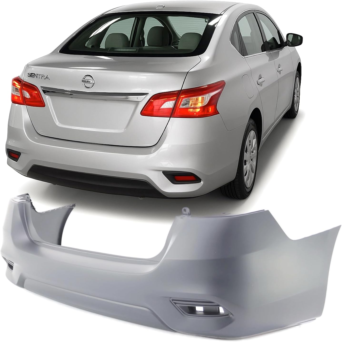 FitParts Compatible With Rear Bumper Cover 2016 2017 2018 Nissan Sentra S SL SV FE+S FE+SV Sedan 16 17 18. New, Primed. W/o Parking Aid Sensor Holes. 850223YU0J NI1100312